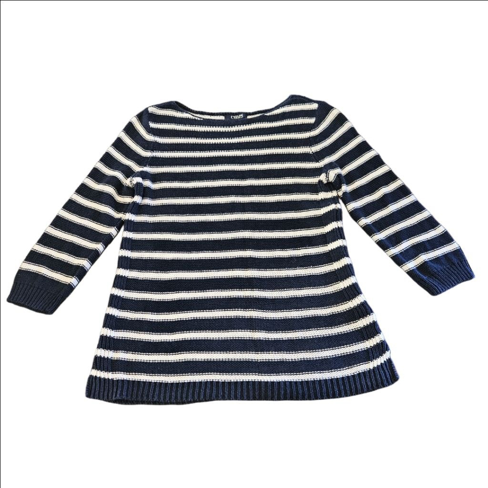Women's Chaps Knit Navy Blue/White Striped Crew Neck Linen Blend Sweater Size S